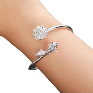 Koi and Lotus Flower Silver Bracelet